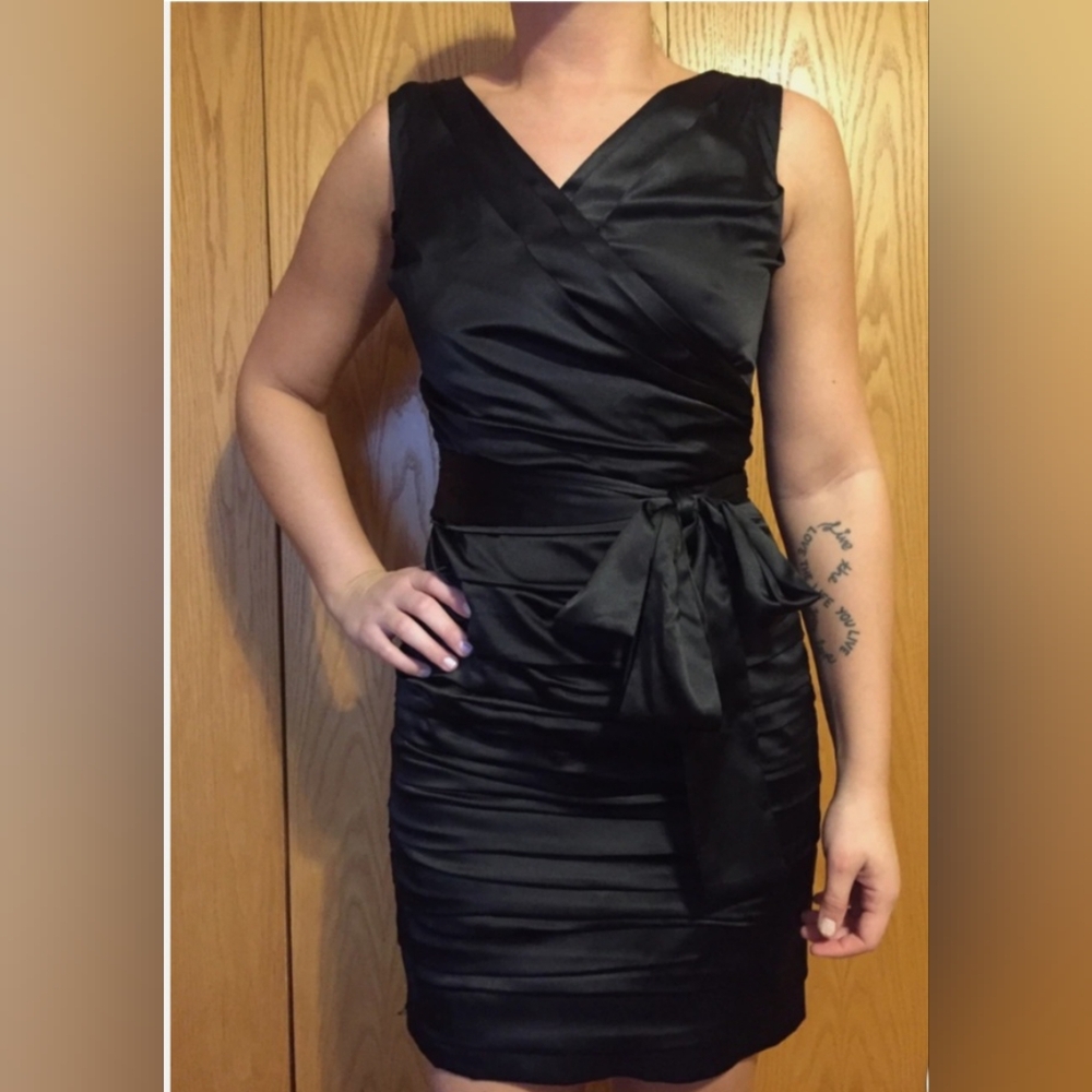 NWT Express Black Satin Ruched Tie Front Dress, Size 6